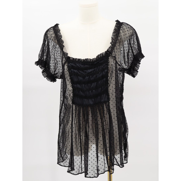 Nicole Miller Tops - Polka Dot Sheer Black Puff Sleeve Blouse Ruffle Top 14 Black Dark Fairy Witchy